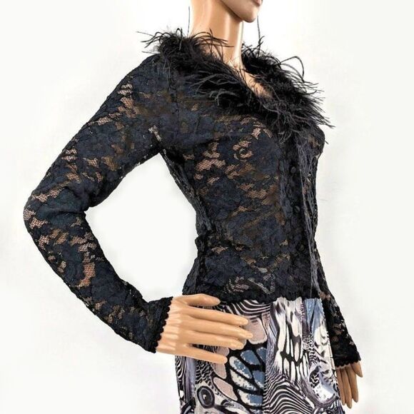 Vintage 90s y2k Lace Top Feather Collar Whimsigoth Black Stretch Clueless M - Picture 1 of 11